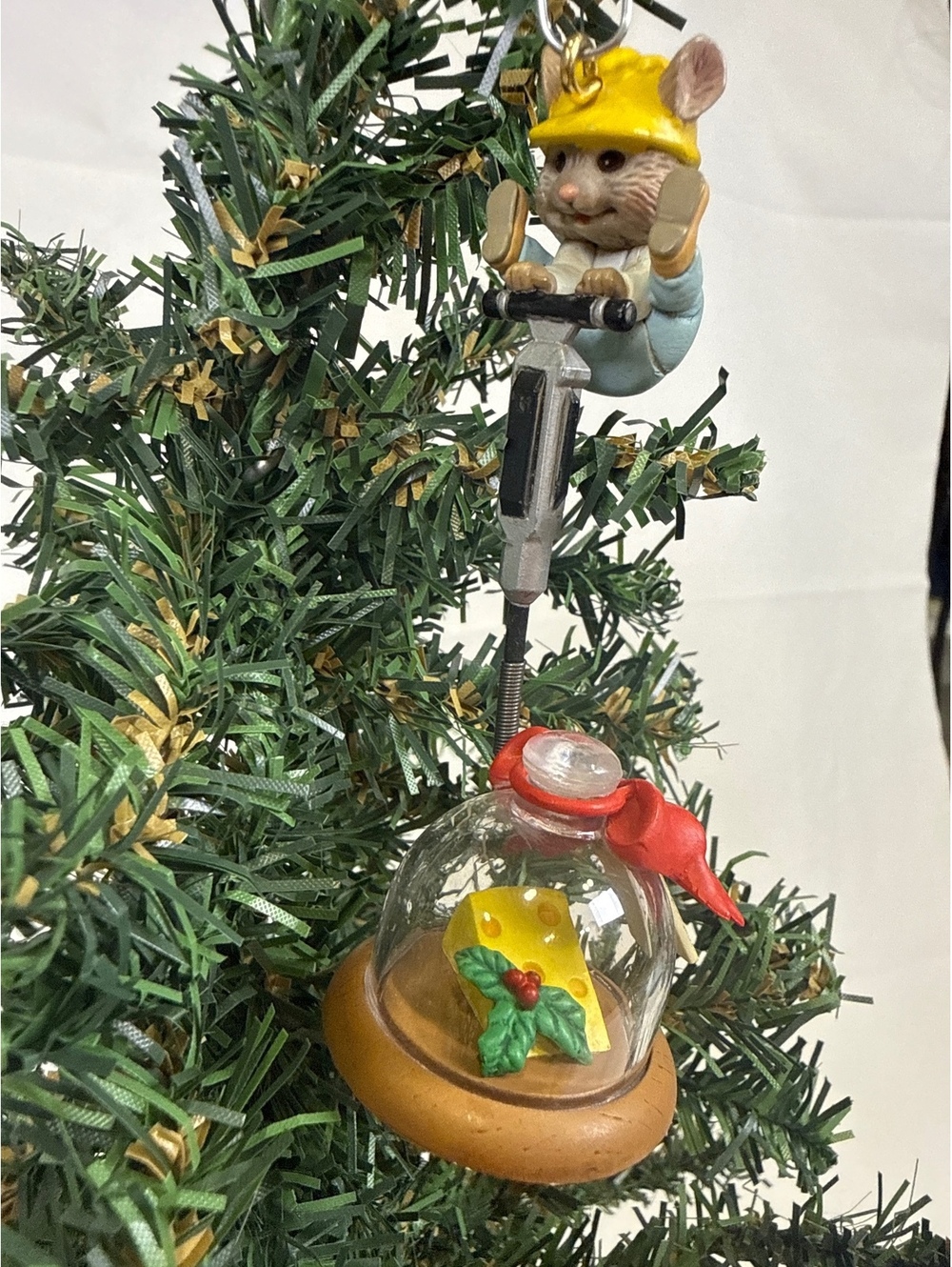 Vintage 1990 Enesco Holiday Mouse Christmas Ornament with Cheese Dome